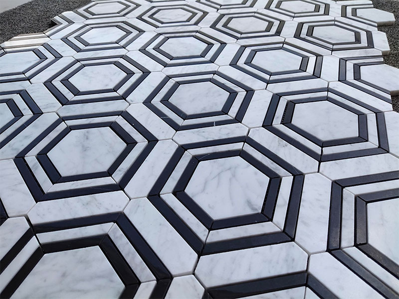 Thassos Nero Marquina Strips Hexagon mosaic