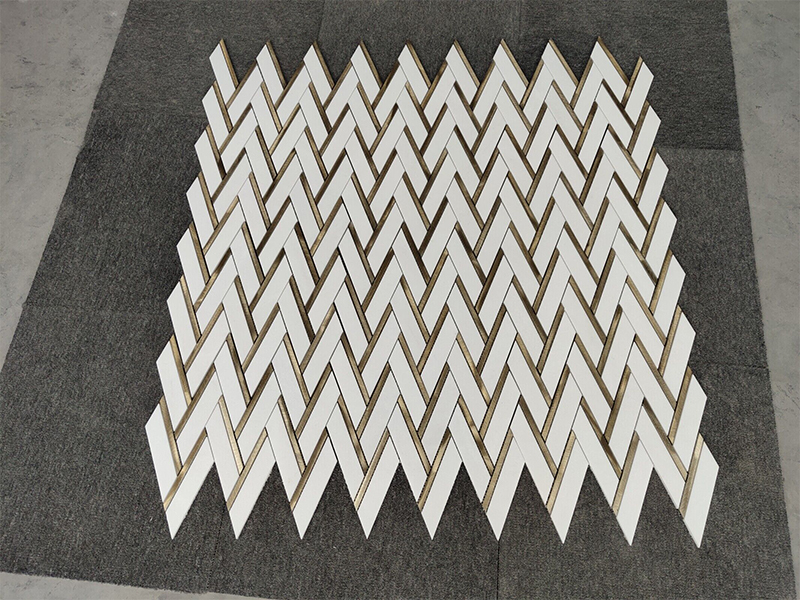 White Marble Mixed Gold Brass Chevron Herringbone Mosaic